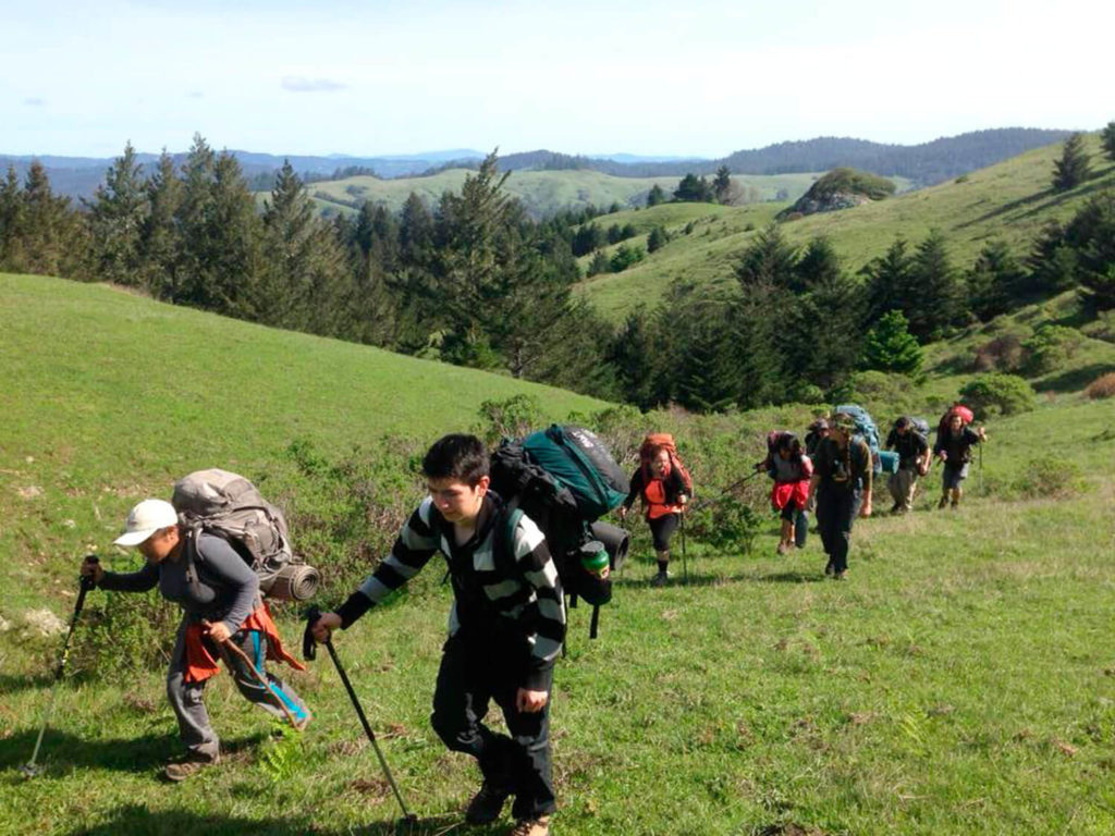 A group of young adults hikes up a hill in Sonoma County