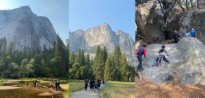 A group of people hiking in Yosemite with a towering mountain in the background