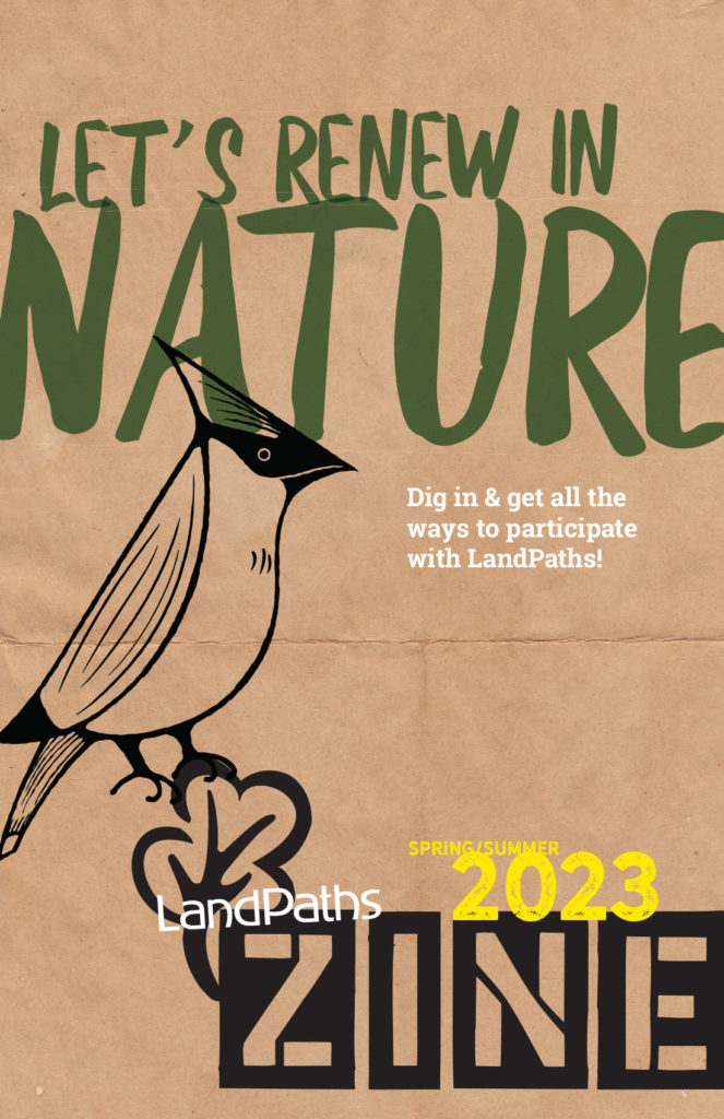 The cover of LandPaths zine. It contains a black and white illustration of a Cedar Waxwings sitting on the tree in the LandPaths logo. The title is Let's Renew in Nature: Dig In and Get All the Ways to Participate with LandPaths. Spring/Summer 2023 Zine 