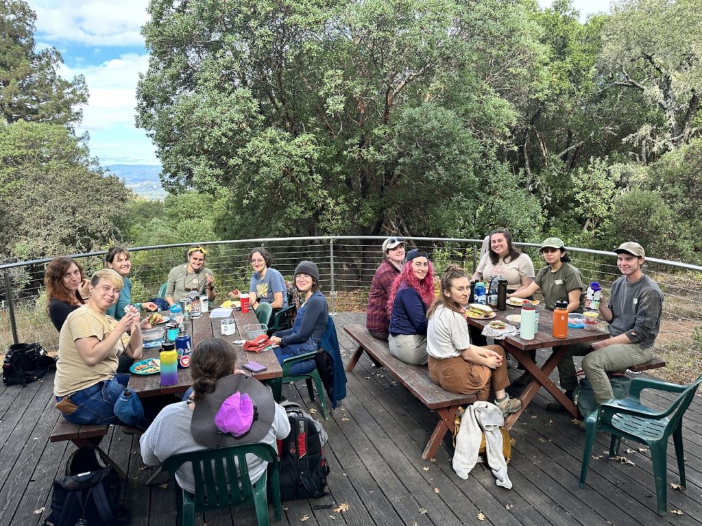 Participants in the Slow Restoration Forestry Workshop sit on the deck of a cabin at Riddell Preserve. Behind them is a view of Healdsburg's Dry Creek Valley. There are `14 people in the photo and they are looking up at the camera and smiling while eating the free lunch provided by LandPaths. 